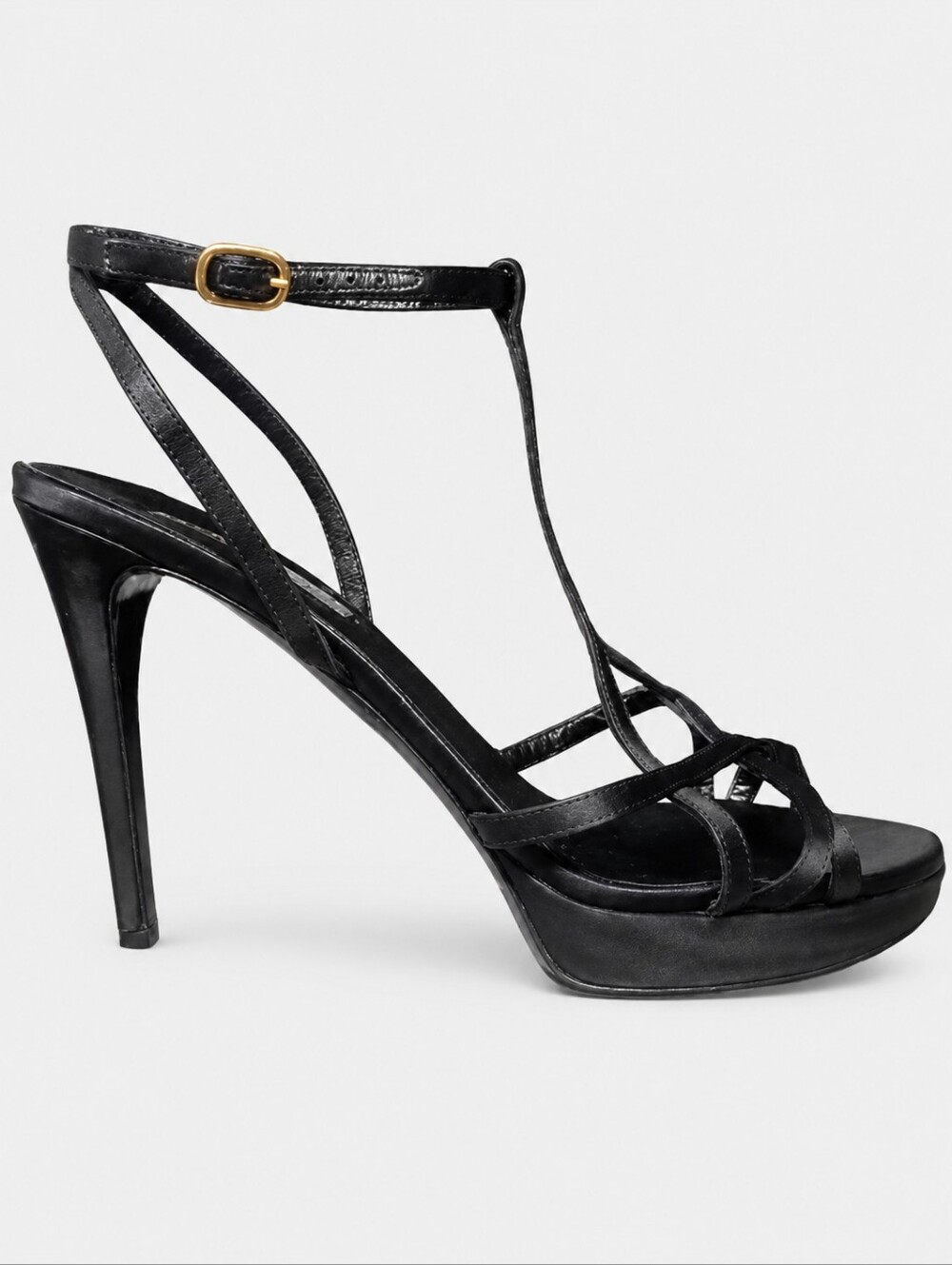 RALPH LAUREN COLLECTION | Black Satin T-Strap Platform Sandals in Size 9.5